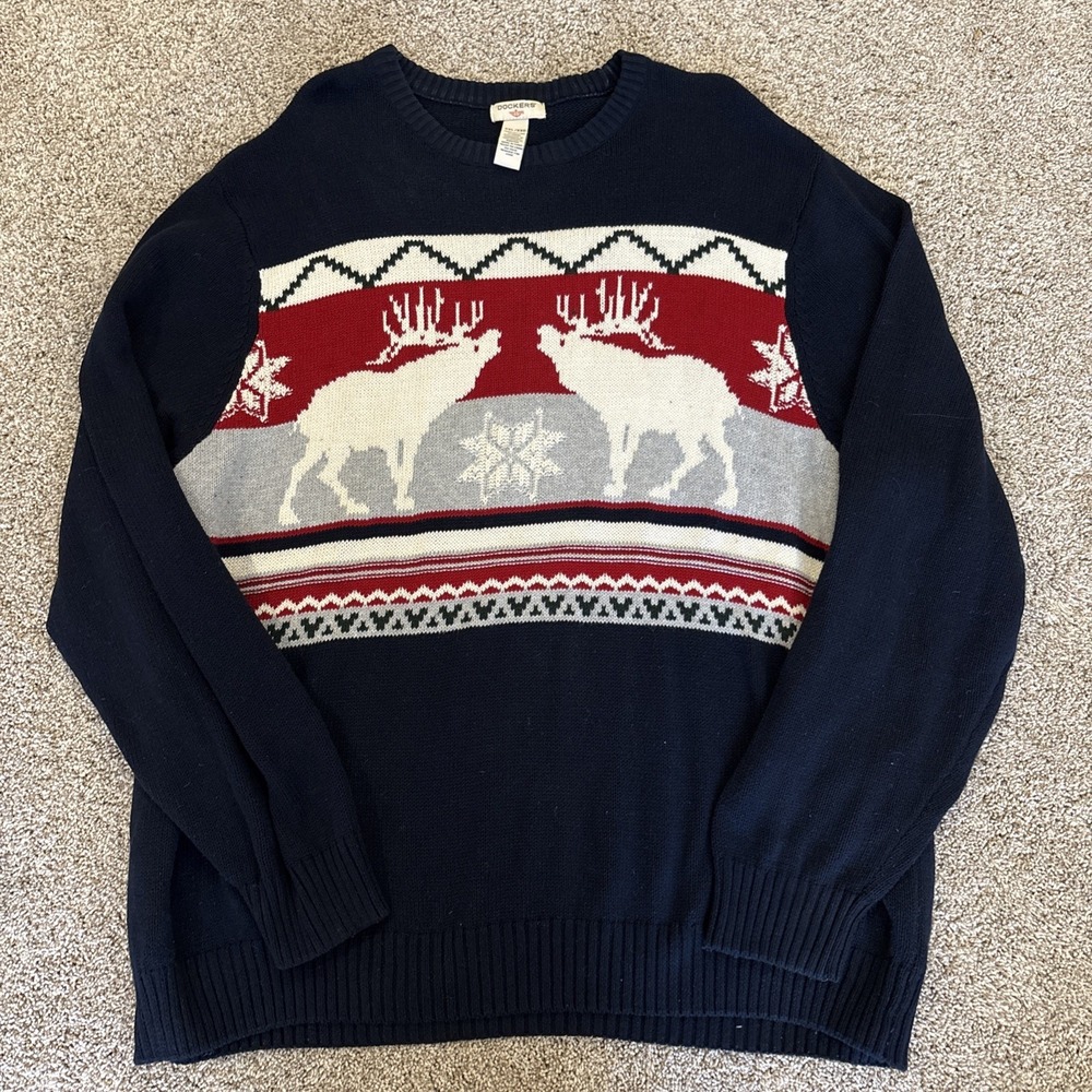 Vtg Dockers Men's XXL Reindeer Christmas Snowflake Nordic Navy Blue Sweater
